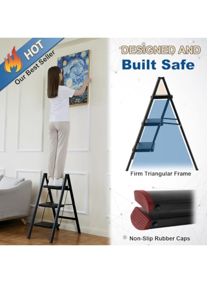 3 Step Ladder with Anti-Slip and Wide Pedal 330lbs Capacity Folding Step Ladder for Household Kitchen Office(Black-P, 3 Step Ladder) - Image 2