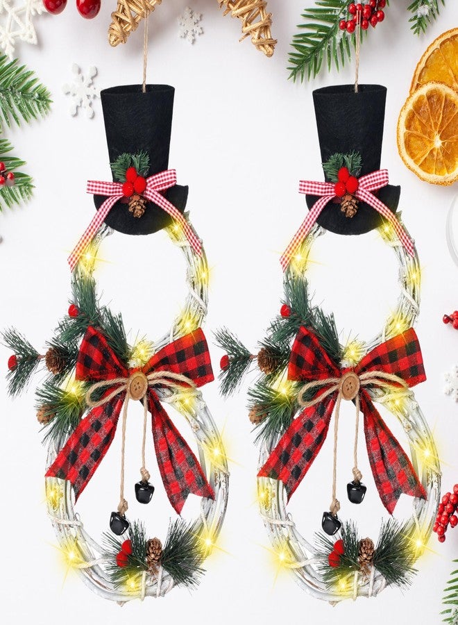 Baquler 2 Pcs 16 x 8 Inch Christmas Wreath Decoration Hanging Lighted Grapevine Wreath Snowman Shape Christmas Door Wreath with Hat and Bow for Winter Garden Home Front Door Wall Indoor Outdoor Decor - Image 1