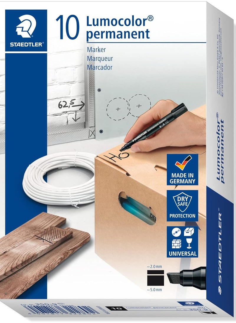 Staedtler 350-9 Lumocolor Permanent Marker, Broad Chisel Tip, Refillable, Blue , Box Of 10