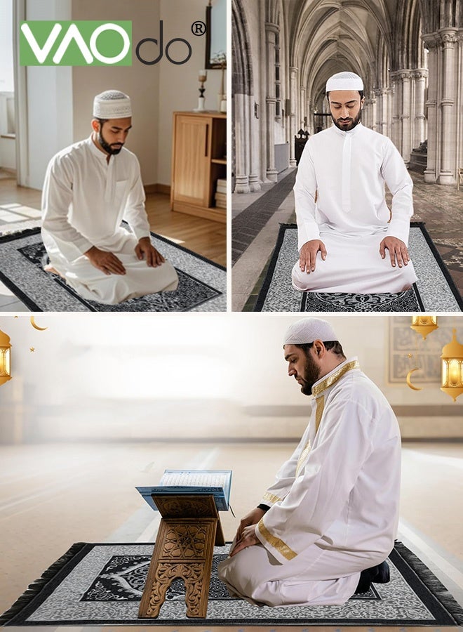 فاو دو 2 قطعة سجادة صلاة إسلامية مع مسبحة، سجادة صلاة محمولة للسفر، سجادة صلاة إسلامية، سجادة صلاة كبيرة ناعمة للرجال والنساء، لون أسود - Image 2