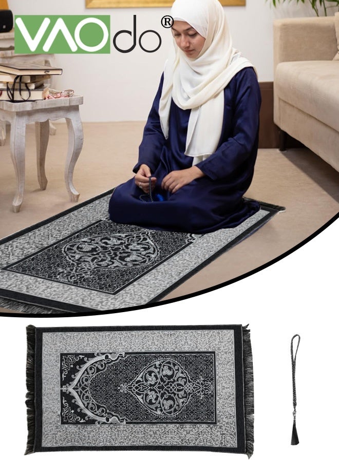 فاو دو 2 قطعة سجادة صلاة إسلامية مع مسبحة، سجادة صلاة محمولة للسفر، سجادة صلاة إسلامية، سجادة صلاة كبيرة ناعمة للرجال والنساء، لون أسود - Image 1
