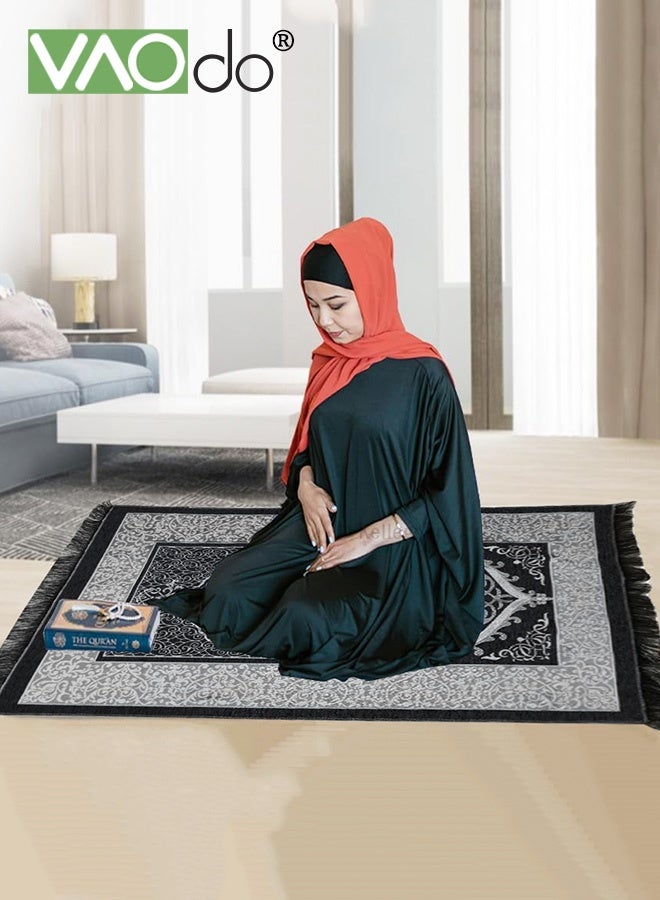 فاو دو 2 قطعة سجادة صلاة إسلامية مع مسبحة، سجادة صلاة محمولة للسفر، سجادة صلاة إسلامية، سجادة صلاة كبيرة ناعمة للرجال والنساء، لون أسود - Image 5