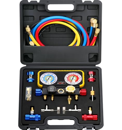 GallopMax R1234YF R134A AC Gauge Set 4 Valve Manifold HVAC Gauges with Hoses Compatible with R1234YF R404a R134a System Air Conditioner Recharge Kit - Image 1