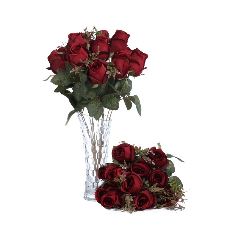 FuleHouzz FlueHouzz Artificial Roses Flowers Fake Silk Rose Bouquet 12 Heads 2 Packs of Realistic Blossom Roses for Home Wedding Party Floral Decoration Table Centerpieces, Burgundy - Image 1