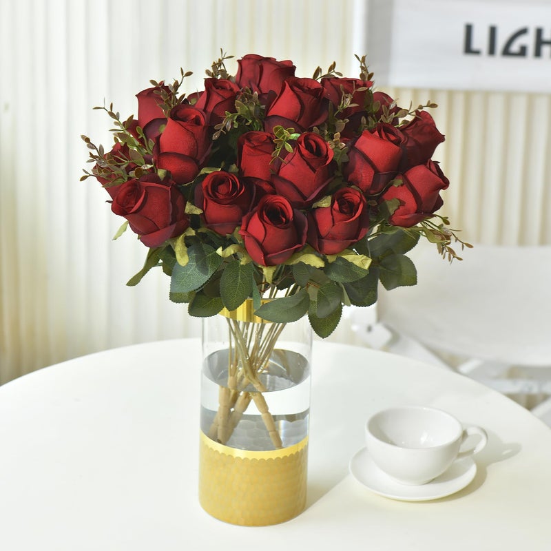 FuleHouzz FlueHouzz Artificial Roses Flowers Fake Silk Rose Bouquet 12 Heads 2 Packs of Realistic Blossom Roses for Home Wedding Party Floral Decoration Table Centerpieces, Burgundy - Image 3