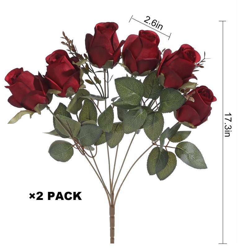 FuleHouzz FlueHouzz Artificial Roses Flowers Fake Silk Rose Bouquet 12 Heads 2 Packs of Realistic Blossom Roses for Home Wedding Party Floral Decoration Table Centerpieces, Burgundy - Image 2