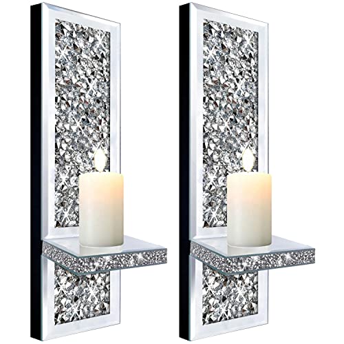 ZOLAPI Set of 2 Crystal Crush Diamond Candle Sconces, Gorgeous Silver Mirrored Wall Sconce, Candle Holder Glass Wall - Image 2