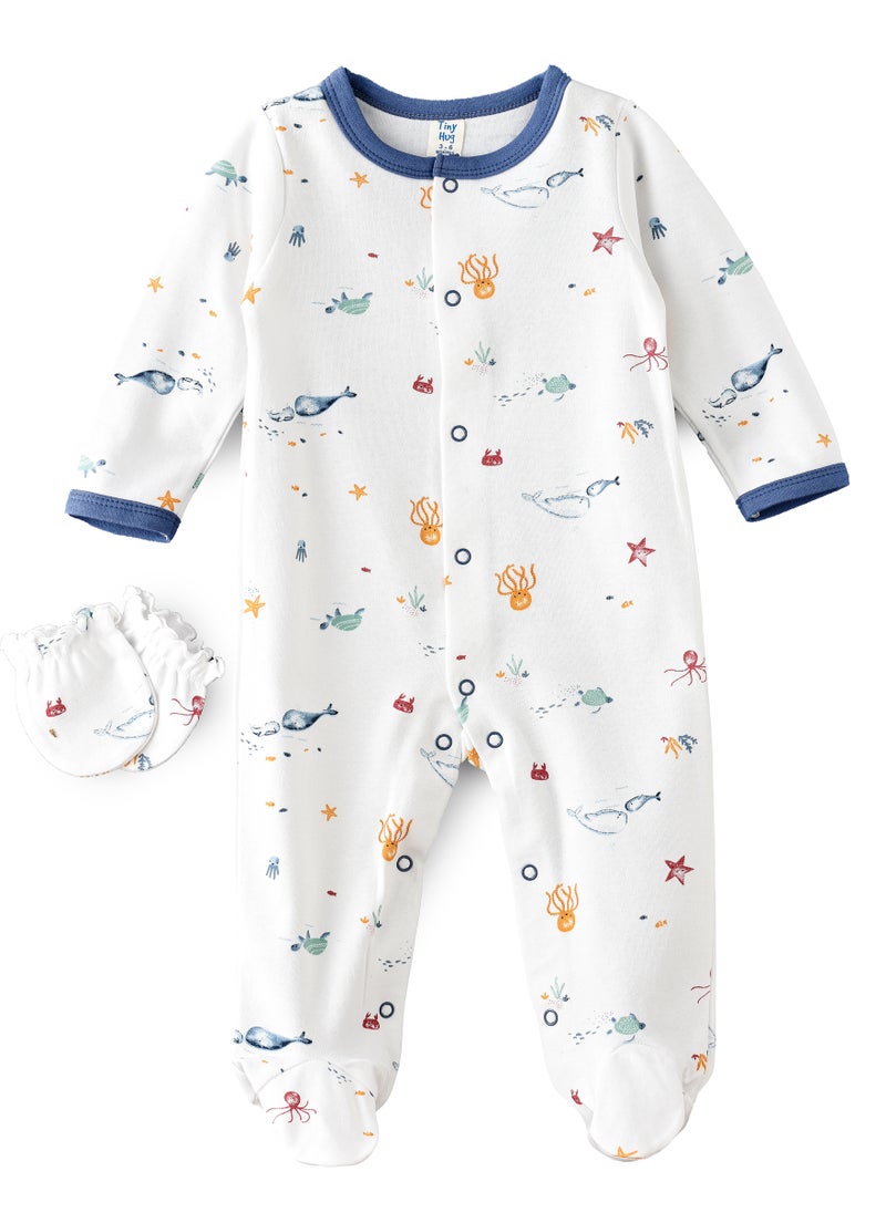 Tiny Hug Newborn Boy's Sleep Suit with Mittens, Soft and Comfortable Sleepwear for Baby Boys  - Image 1