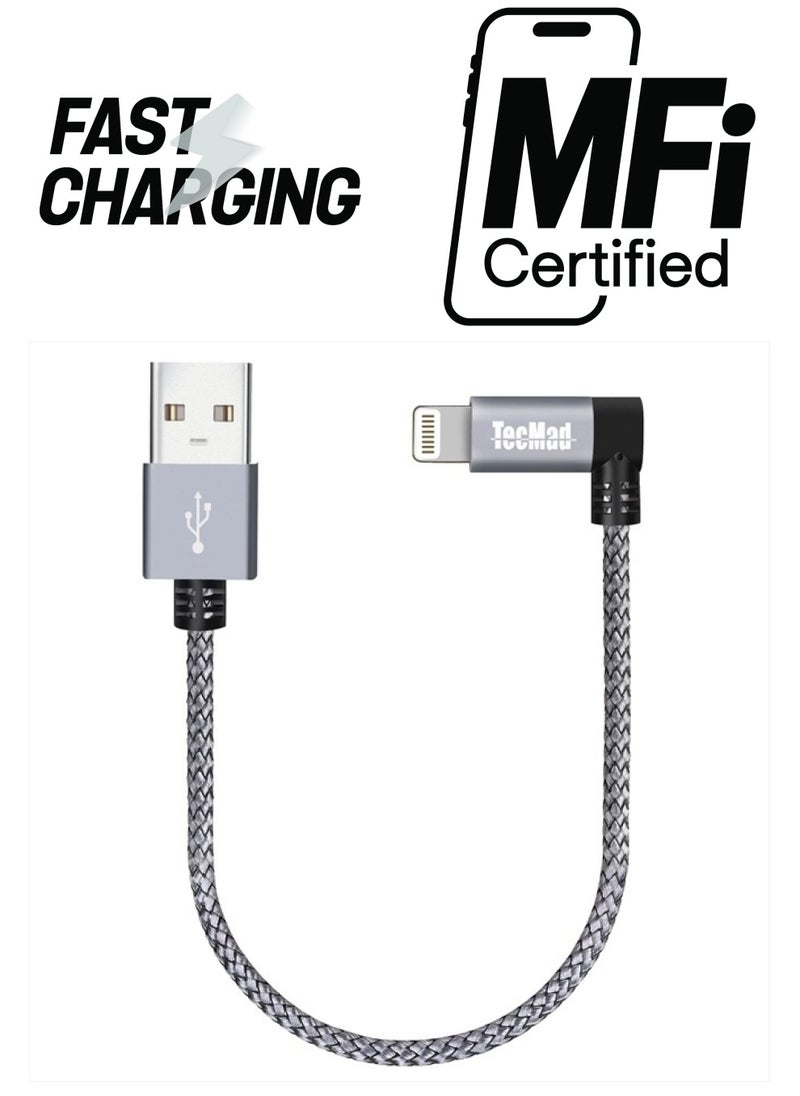 TecMad - Short iPhone Charging Cable [C89 Apple MFi Certified] 90 Degree Lightning Cable, Nylon Braided Data Sync Cord for iPhone 14/13/12/11 Pro Max/XS MAX/XR/XS/X/8/7/Plus/6S/6/iPad and More - 0.65ft - Image 1