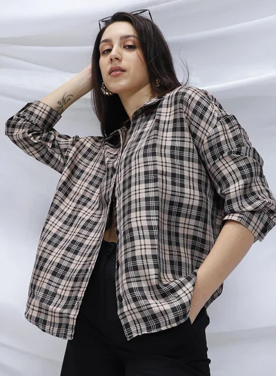 Campus Sutra Campus Sutra Women's Onyx Black & Khaki Beige Tartan Plaid Relaxed Shirt For Casual Wear | Spread Collar | Long Cuffed Sleeves | Button Closure | Shirt Crafted With Comfort Fit For Everyday Wear