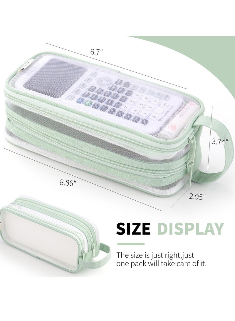 KASTWAVE Large Capacity Pencil Case, Grid Mesh Pencil Case, 2 Compartment Pen Bag, Clear Handheld Pencil Pouch Transparent Makeup Bag for College School Office Teen Girl Boy Women Men Adult (Green) - Image 5