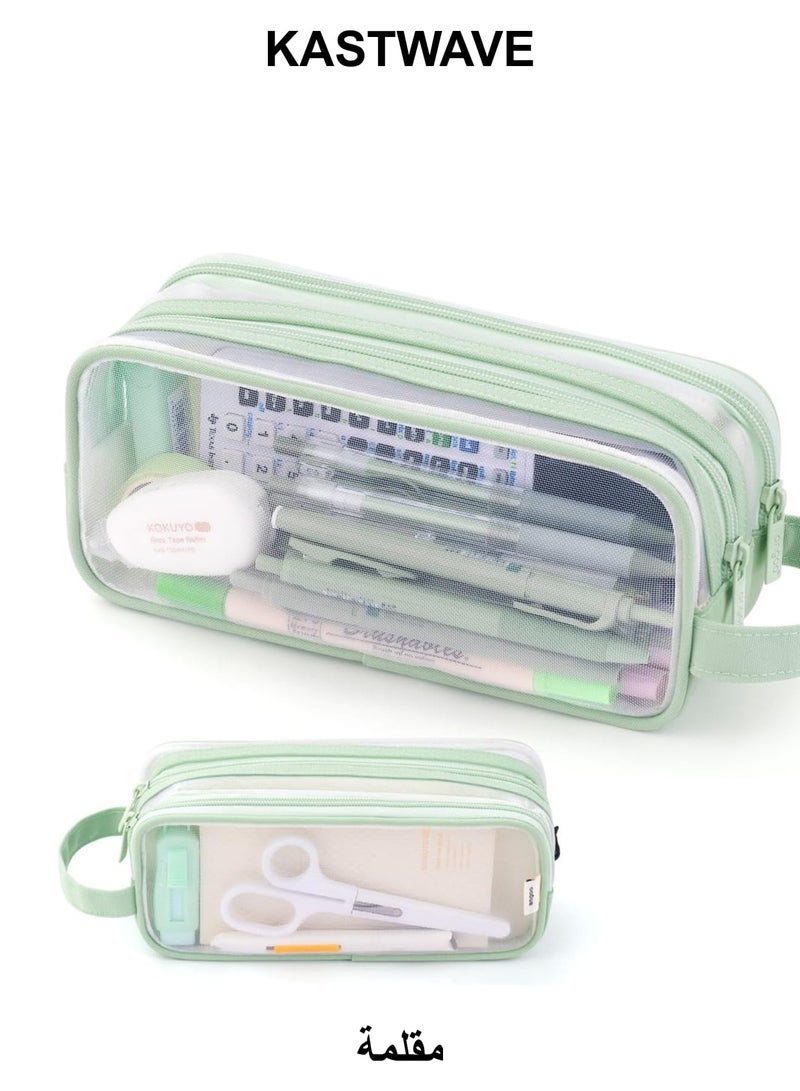 KASTWAVE Large Capacity Pencil Case, Grid Mesh Pencil Case, 2 Compartment Pen Bag, Clear Handheld Pencil Pouch Transparent Makeup Bag for College School Office Teen Girl Boy Women Men Adult (Green) - Image 1