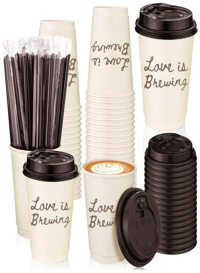 FYSUIMU 60 Sets Wedding Coffee Paper Cups with Lids Straws Love is Brewing Bridal Shower Decoration Double-Wall Drinking Cups for Reception Engagement Bride Shower Bachelorette Party, 13.5oz - Image 1
