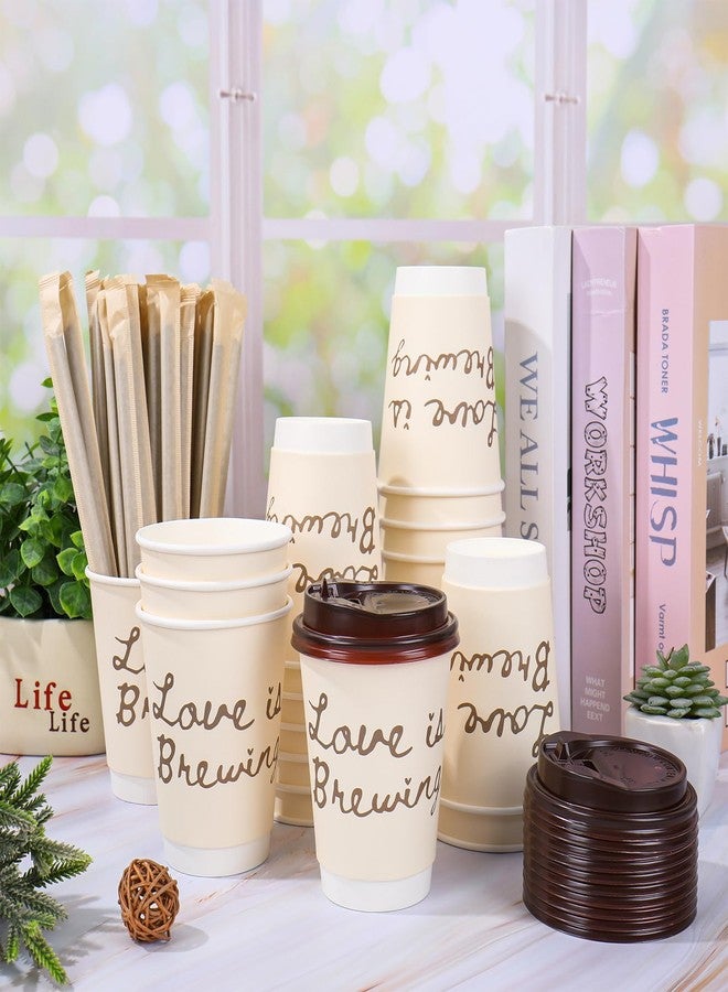 FYSUIMU 60 Sets Wedding Coffee Paper Cups with Lids Straws Love is Brewing Bridal Shower Decoration Double-Wall Drinking Cups for Reception Engagement Bride Shower Bachelorette Party, 13.5oz - Image 4