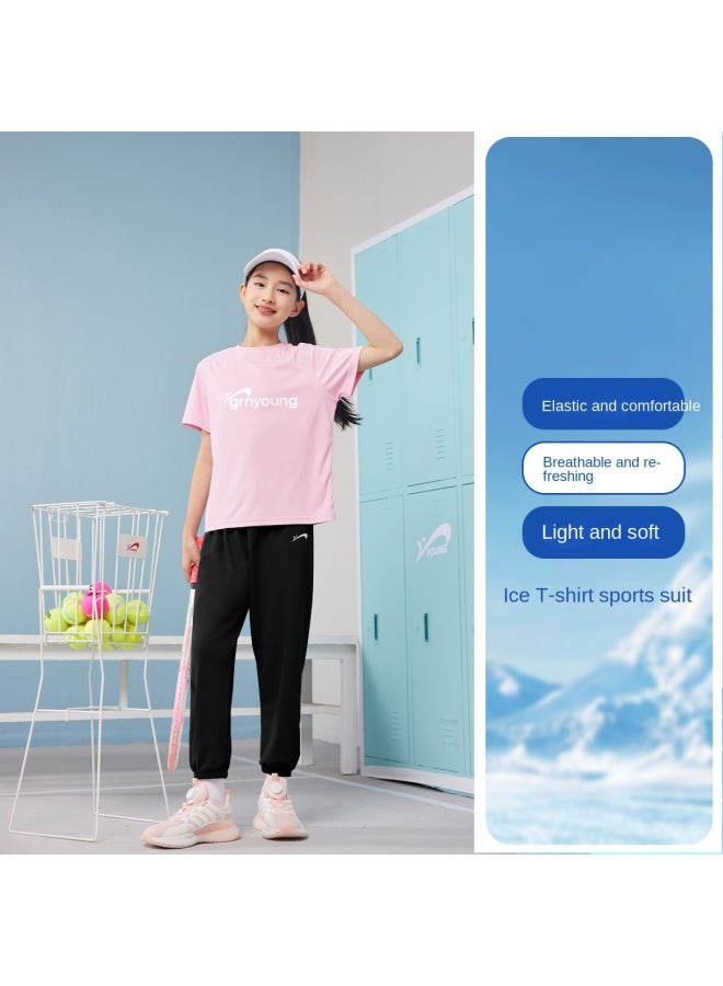 Noble bird زي صيفي رقيق للأولاد، تي شيرت تبريد للأطفال من متوسط إلى كبير، مجموعة بنطال طويل من حرير الثلج للبنات، مجموعة رياضية من قطعتين - Image 2