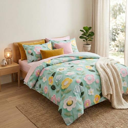 LOOMLYFE 300 TC Microfiber XXL Soft Cotton Super King Size Bedsheet for Double Bed, King Size 108 Inches X 108 Inches, 9 Feet, 275 X 275 cm with 2 Large Size Pillow Covers - PastelGreenSunflowerFlower - Image 1