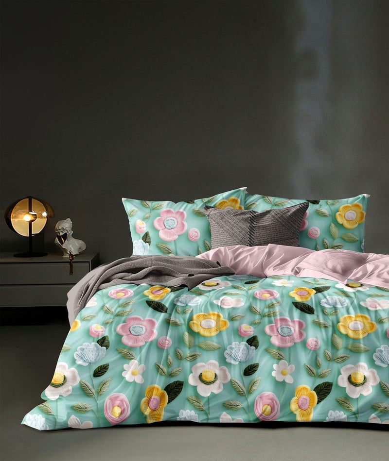 LOOMLYFE 300 TC Microfiber XXL Soft Cotton Super King Size Bedsheet for Double Bed, King Size 108 Inches X 108 Inches, 9 Feet, 275 X 275 cm with 2 Large Size Pillow Covers - PastelGreenSunflowerFlower - Image 2