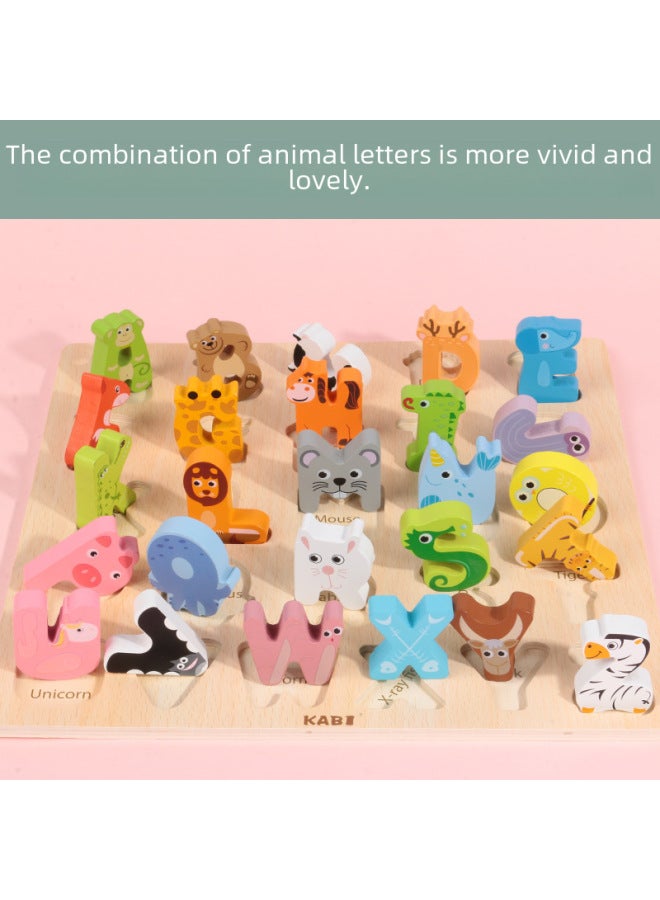 Letter Cognitive Hand-held Children's Wooden Puzzle Wooden Puzzle Early Education Letter Puzzle Manufacturers Wholesale-Color:Animal Letter Cognitive Paneling - Image 2