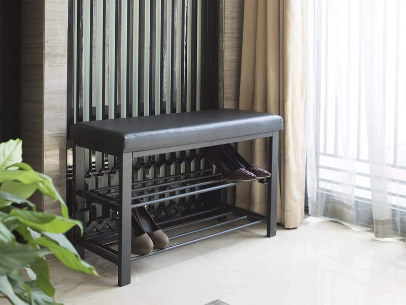 Generic Indian Decor. 45426 Entryway Shoe Rack with Cushioned Seat, 2 Shelves Storage Bench w/Faux Leather Top Bed Bench, Black - Made in India! - Image 2