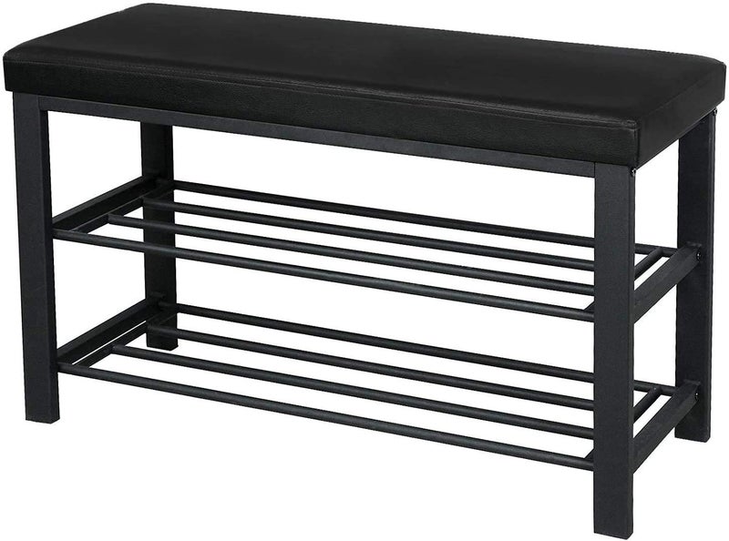 Generic Indian Decor. 45426 Entryway Shoe Rack with Cushioned Seat, 2 Shelves Storage Bench w/Faux Leather Top Bed Bench, Black - Made in India! - Image 3