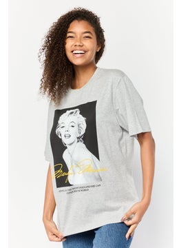 Women Oversized Fit Crew Neck Short Sleeves Graphic Print T-Shirt, Grey