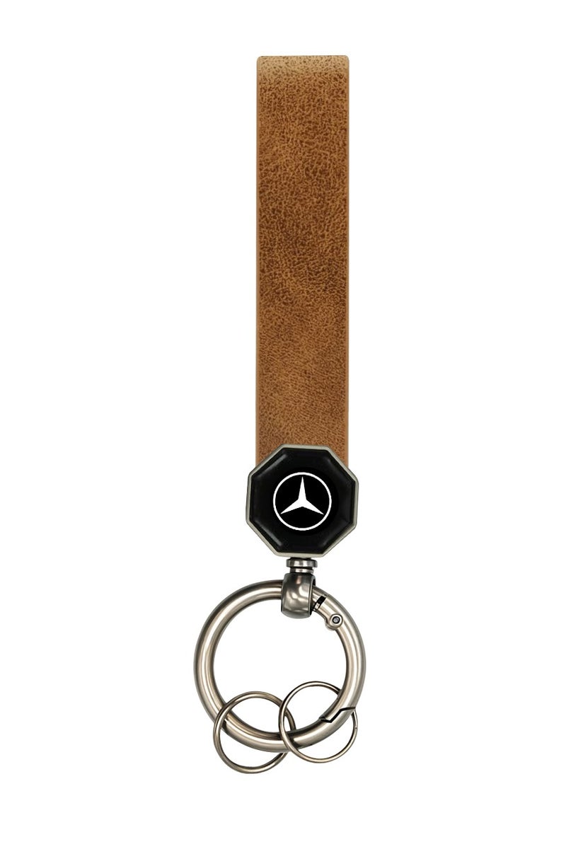 BENZ Benz Leather Keychain 12.5cm x 1.5cm with 360° Rotating Metal Ring, Double Screw Fixing, Durable Brown Leather Strap, Portable Spring Ring, Key Holder for Car, House Keys, and Accessories, Stylish Key Organizer with Benz Logo  - Image 1