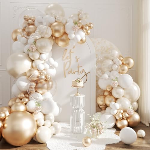 NUTTYBASH White and Gold Balloon Arch Kit Double Stuffed Metallic Champagne Gold and White Balloon Garland Kit for Wedding Birthday Baby Shower Gender Reveal Bridal Decorations - Image 1