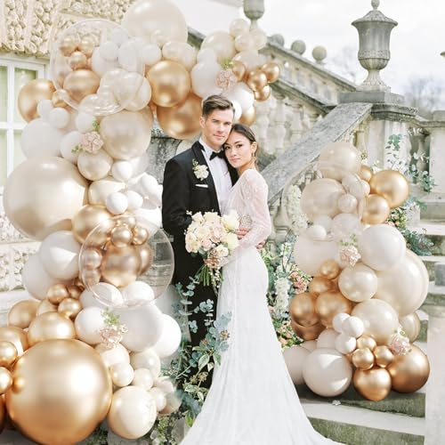 NUTTYBASH White and Gold Balloon Arch Kit Double Stuffed Metallic Champagne Gold and White Balloon Garland Kit for Wedding Birthday Baby Shower Gender Reveal Bridal Decorations - Image 5