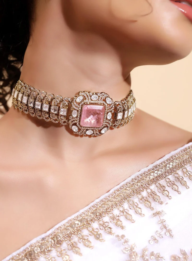 ISHIN Pink Colour Warm Metallic Plated Jewellery set