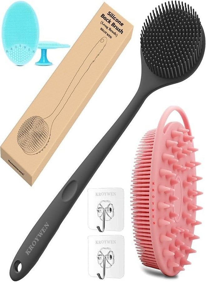 KROYWEN Silicone Back Scrubber(Thick Bristles)& Soft Bath Glove Set,Face Brush Set,Super-Exfoliating Body Scrubber & Super-Lathering Shower Body Brush Combination Combo,(With A Free Hook 2-pic)(Black) - Image 1