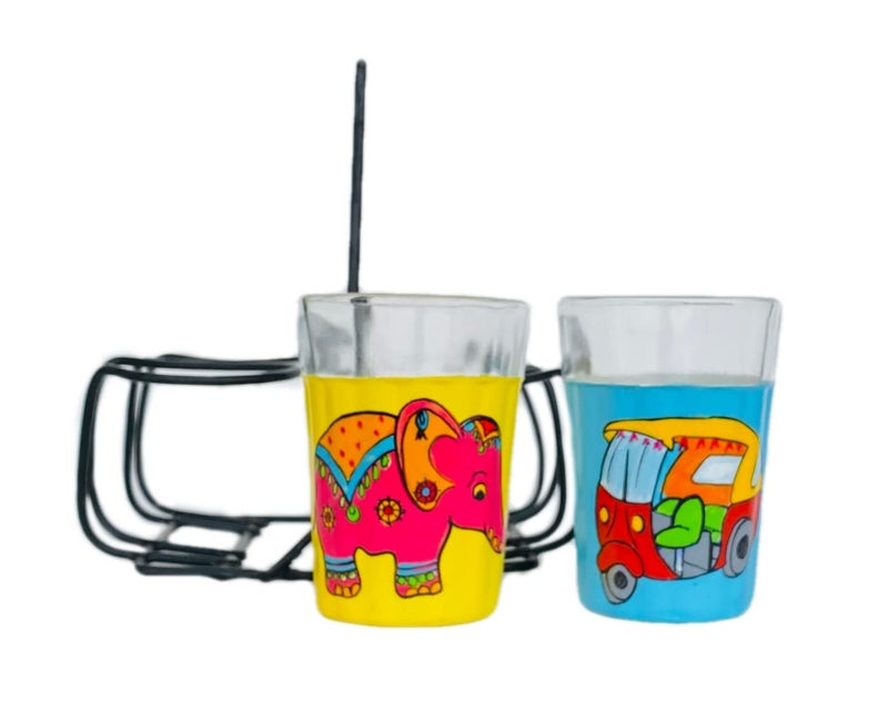 TopsyTurvy A Krazy Mug Multicolor Hand Painted Traditional Tapri Tea Glasses with Iron Container Stand Holder Set of 2 90ml - Image 1