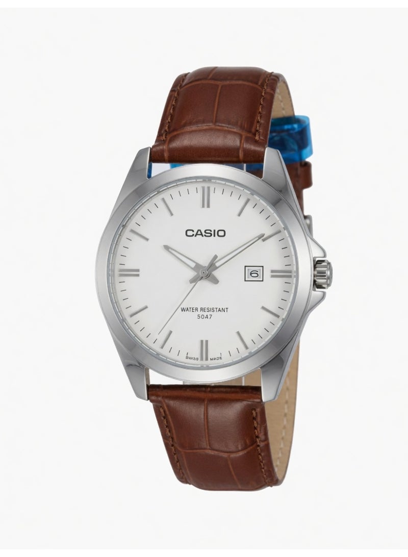 Casio MTP-V004L-7B Enticer Men's Round Analog Watch with White Dial and Brown Leather Strap