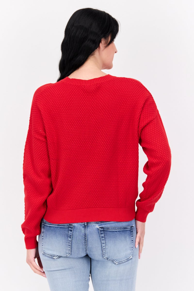 Mode by Redtape Women Crew Neck Knitted Sweater, Red - Image 3
