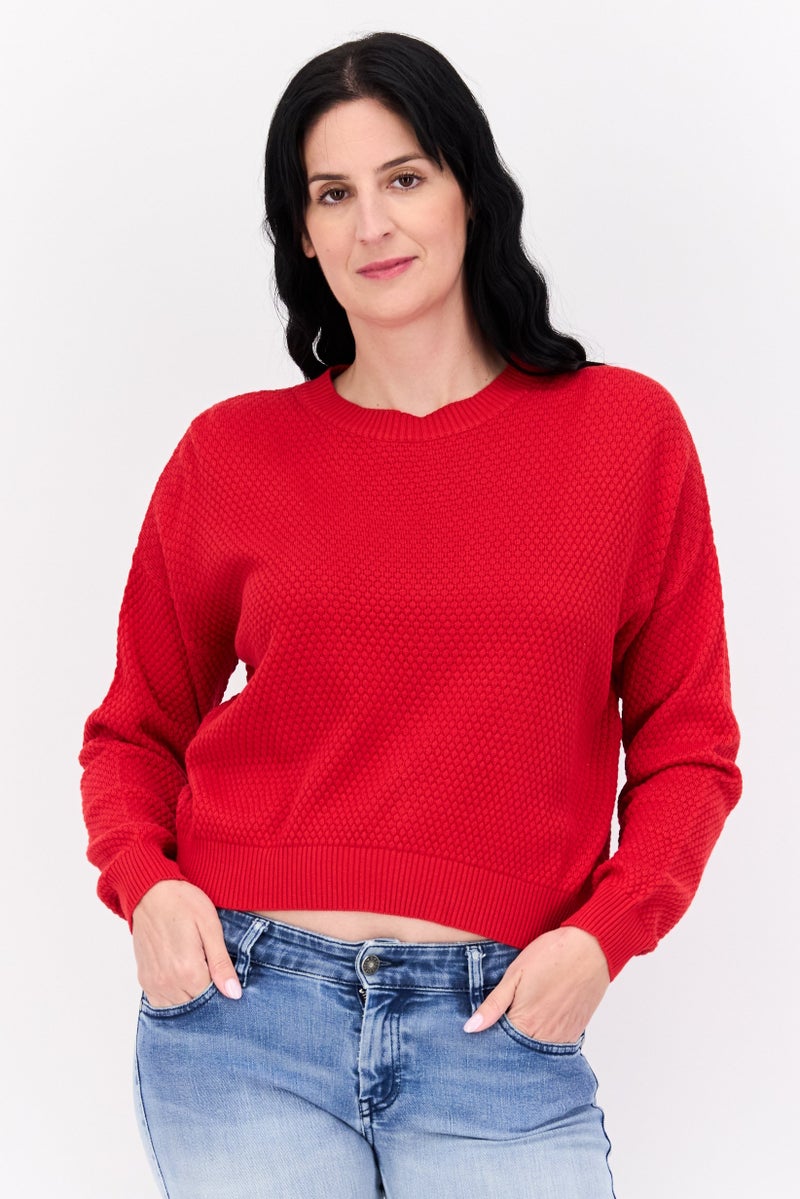 Mode by Redtape Women Crew Neck Knitted Sweater, Red - Image 1