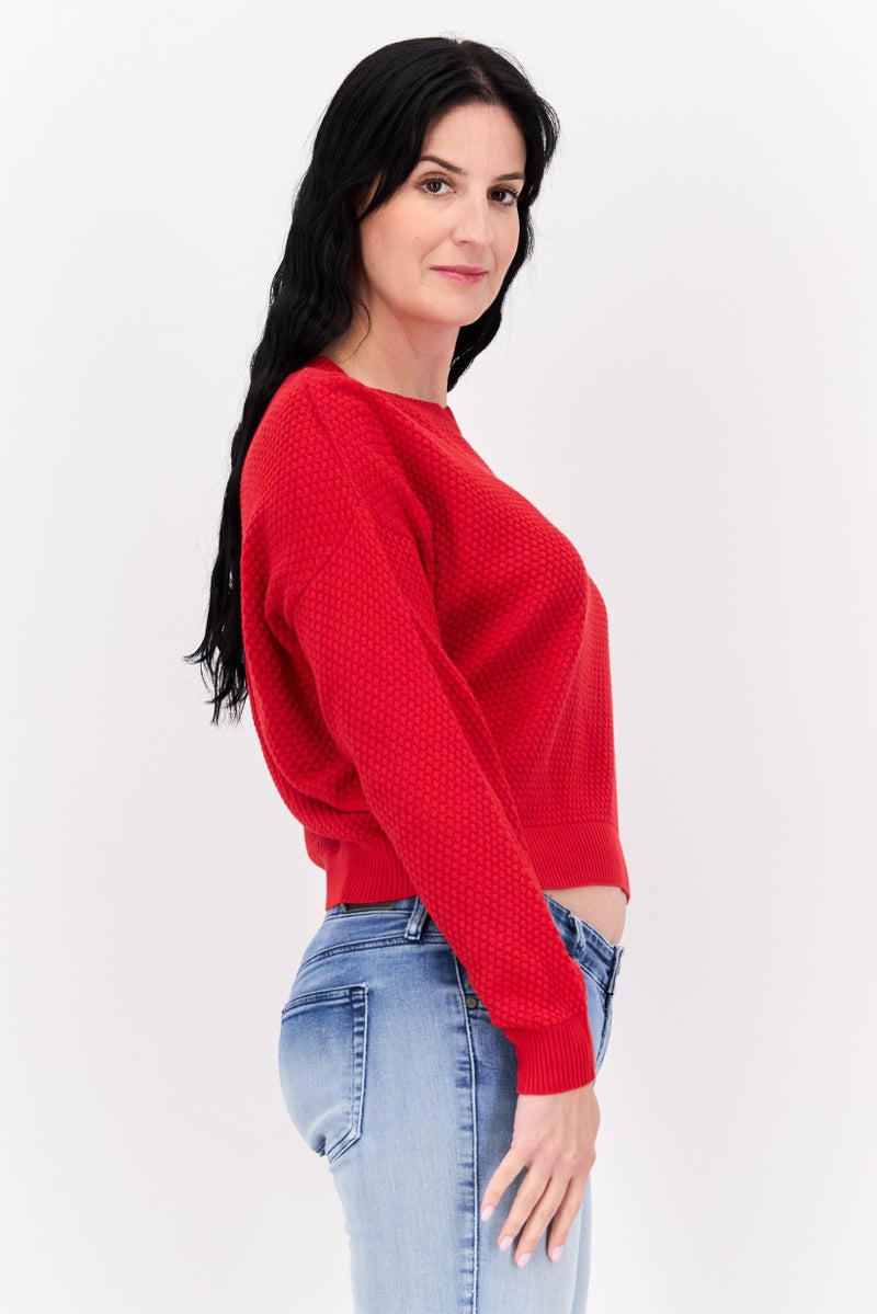 Mode by Redtape Women Crew Neck Knitted Sweater, Red - Image 2