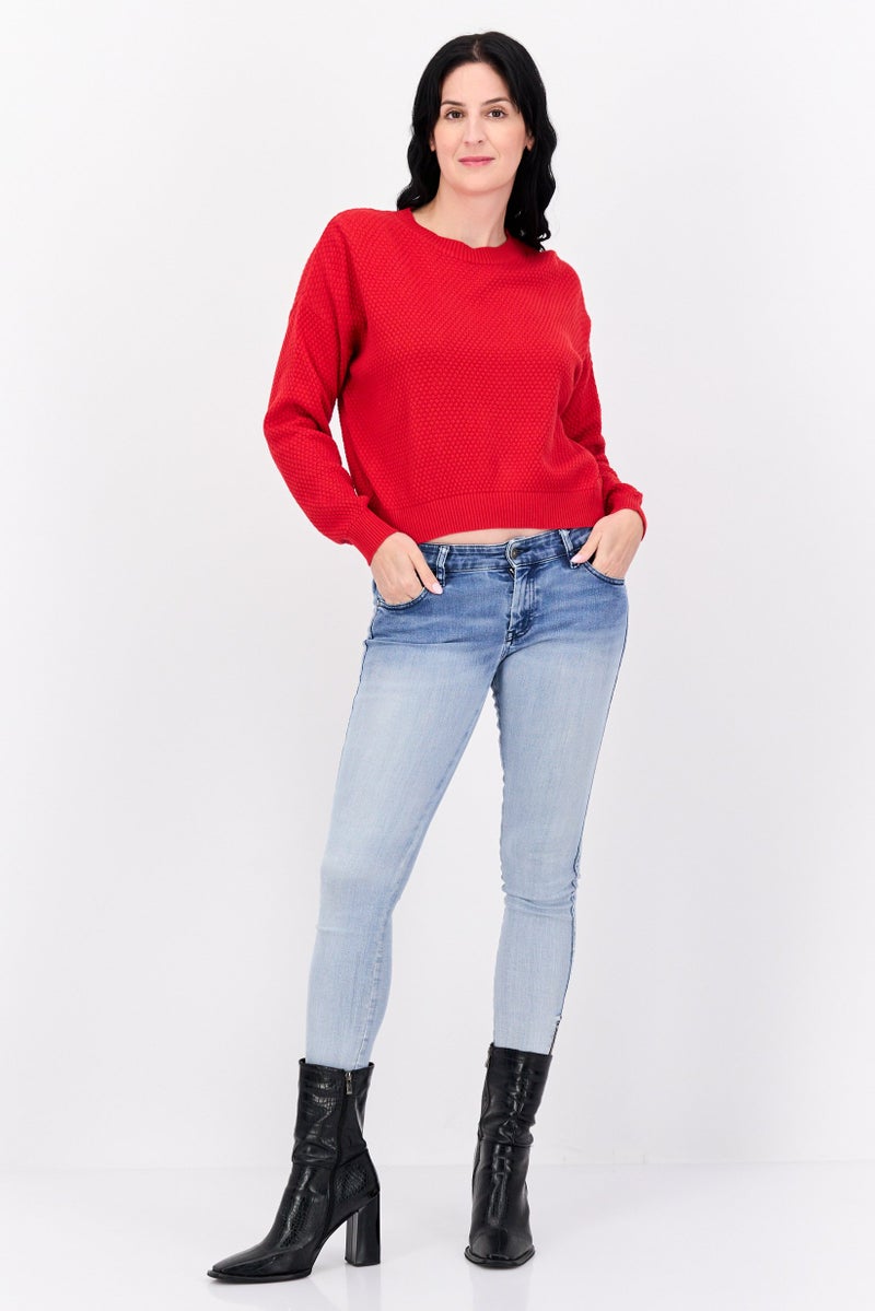 Mode by Redtape Women Crew Neck Knitted Sweater, Red - Image 4