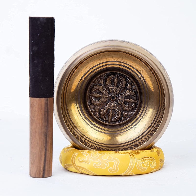 HIMALAYAN BAZAAR Large Tibetan Singing bowl Set - Bronze Style - Easy To Play - 5" Sound Yoga Bowl Mantra Design Mindfulness Meditation Healing Sound Gift By Himalayan Bazaar - Image 3