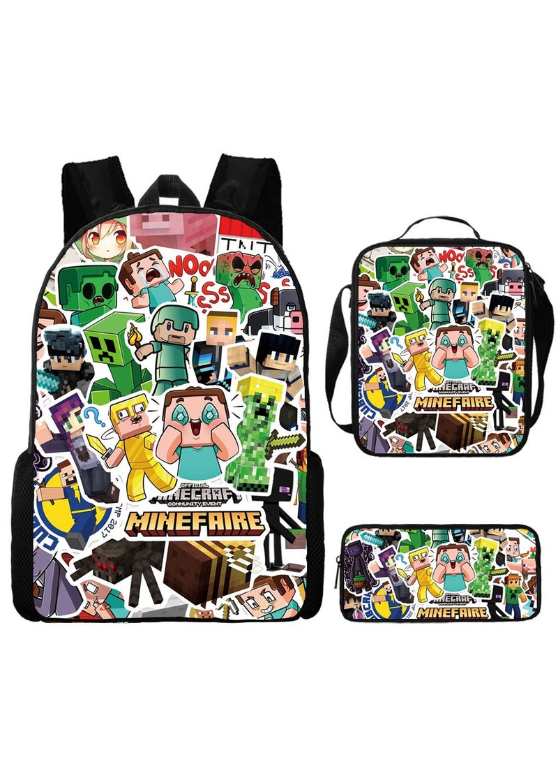 ماين كرافت طقم مدرسي مطبوع من ماينكرافت مكوّن من ثلاث قطع: حقيبة ظهر وشنطة يد وعلبة أقلام، تصميم عملي يلبي بسهولة احتياجات التحميل أثناء السفر. - Image 1