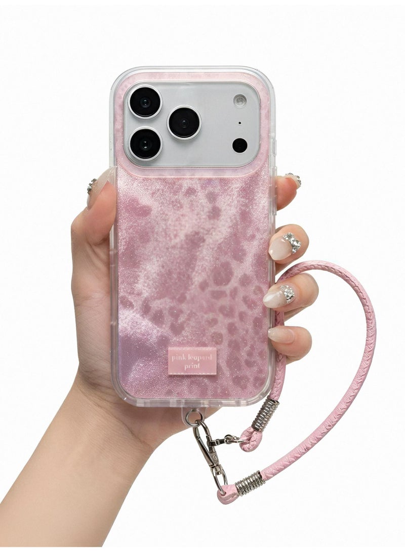 Aura Style Gentle Pink Leopard Case for iPhone 17 Pro Max with Lanyard, Women's Glitter Soft Big Window Cover - Image 1
