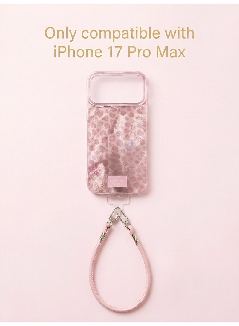 Aura Style Gentle Pink Leopard Case for iPhone 17 Pro Max with Lanyard, Women's Glitter Soft Big Window Cover - Image 2