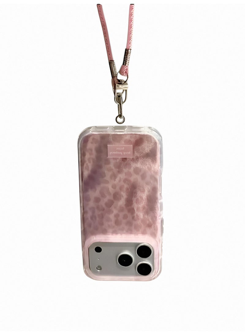 Aura Style Gentle Pink Leopard Case for iPhone 17 Pro Max with Lanyard, Women's Glitter Soft Big Window Cover - Image 4