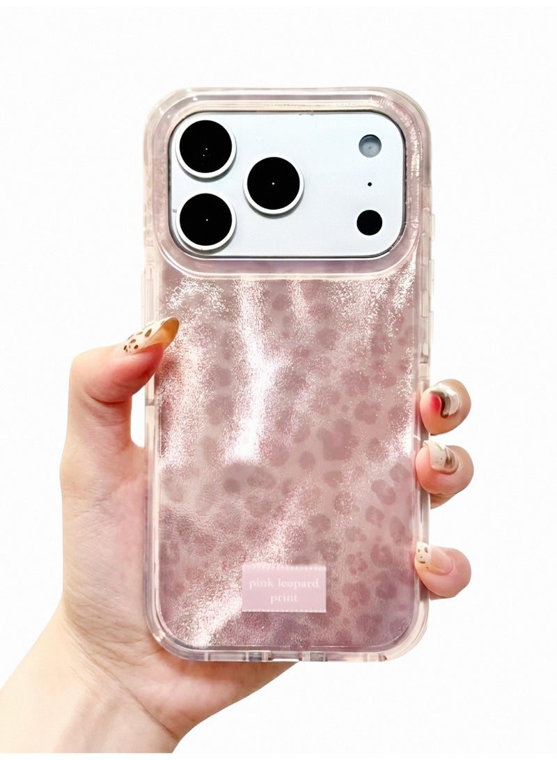 Aura Style Gentle Pink Leopard Case for iPhone 17 Pro Max with Lanyard, Women's Glitter Soft Big Window Cover - Image 3