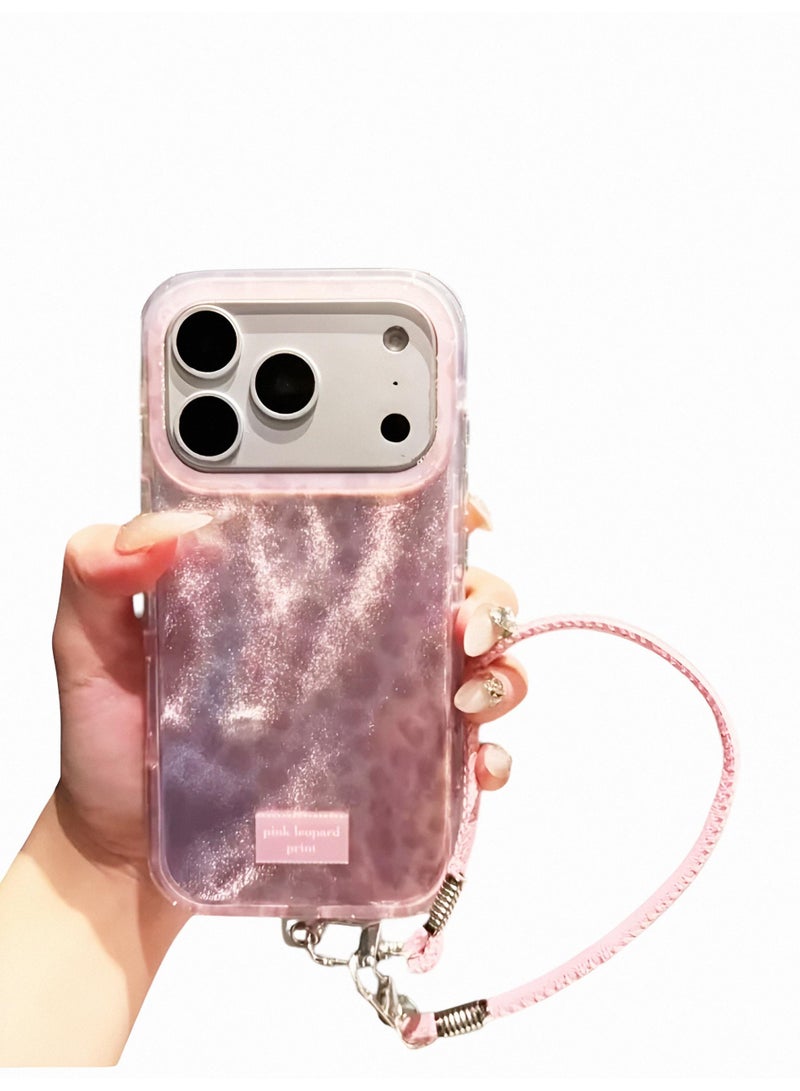 Aura Style Gentle Pink Leopard Case for iPhone 17 Pro Max with Lanyard, Women's Glitter Soft Big Window Cover - Image 5