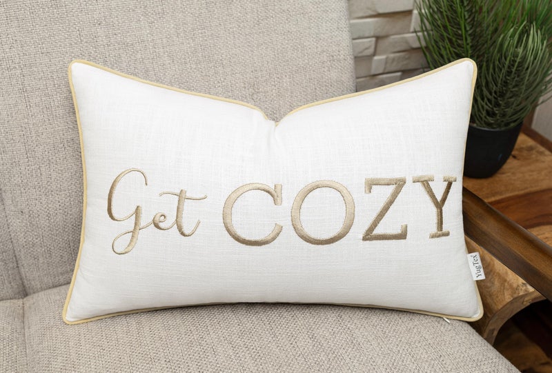YugTex Romantic Couple Love Sentiment Embroidered Decorative Sayings Lumbar Accent Throw Pillowcase Get Cozy Phrase Decor for Wedding Anniversary Valentine 12x20 Inches Ivory