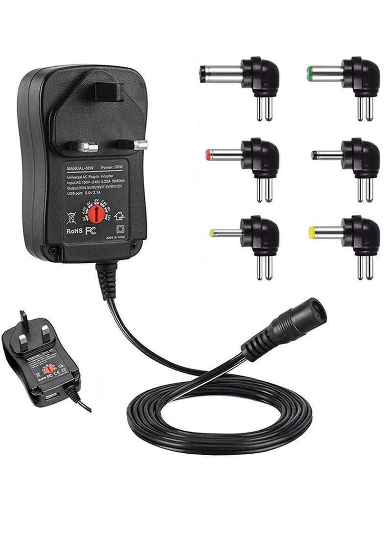 KASTWAVE 30W Universal Adapter Adjustable AC to DC 3-12V Adjustable Switching Power Supply with 6 Selectable Connector Tips & 5V USB Charger Ouput, 12V Regulated Voltage Replacement  - Image 1