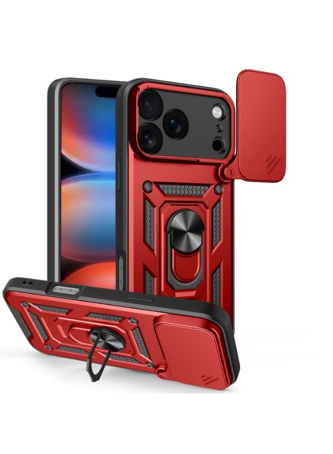 Shunjia Sliding Window Case, Shockproof Rugged Armor with Sliding Camera Cover & 360° Ring Kickstand, Compatible with Apple iPhone 17 Pro Max (Red)