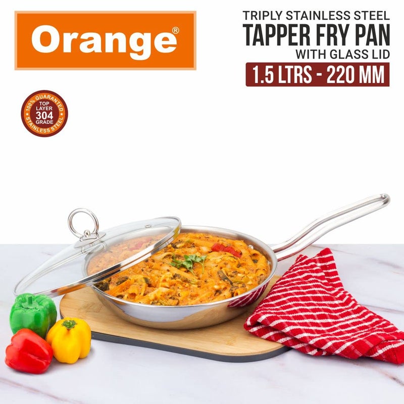 Orange Triply Stainless Steel Fry Pan with Riveted Cast Long Handle with Glass Lid |1.5 Litre, 22 cm Diameter | Heavy Bottom | Gas top and Induction Bottom Friendly | 5 Year Warranty - Image 2