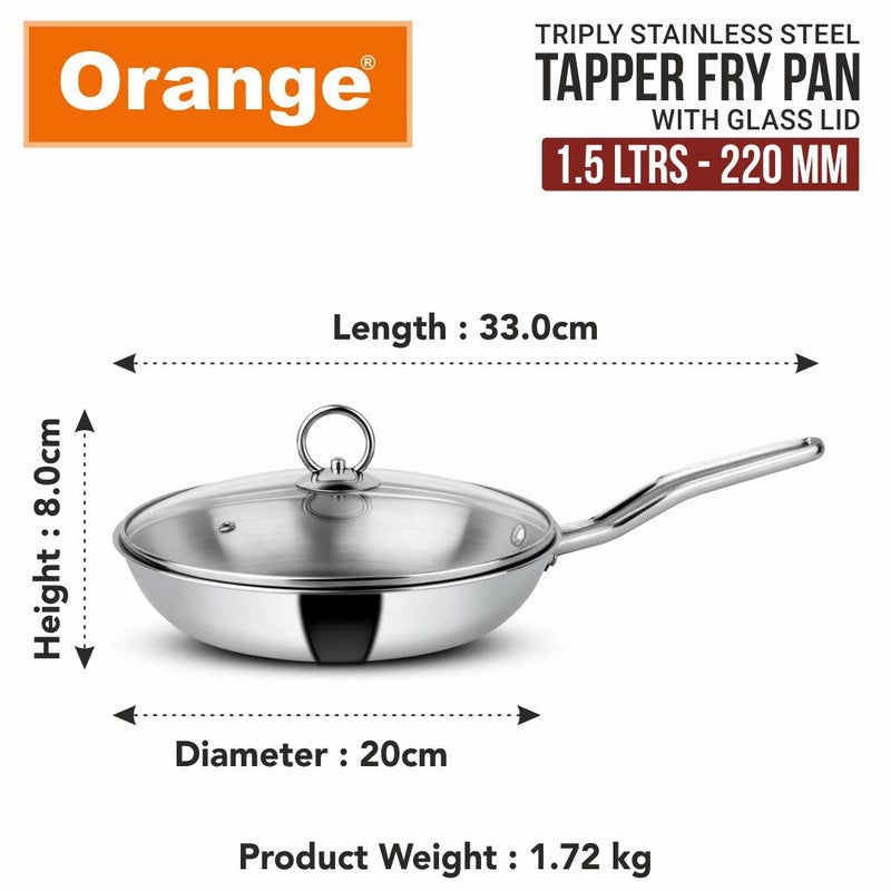 Orange Triply Stainless Steel Fry Pan with Riveted Cast Long Handle with Glass Lid |1.5 Litre, 22 cm Diameter | Heavy Bottom | Gas top and Induction Bottom Friendly | 5 Year Warranty - Image 3