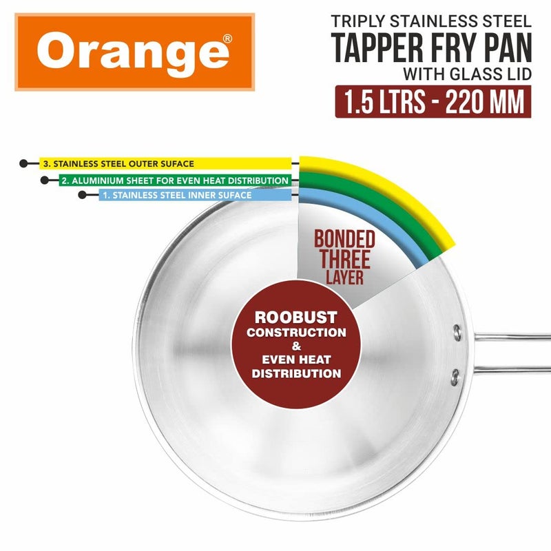 Orange Triply Stainless Steel Fry Pan with Riveted Cast Long Handle with Glass Lid |1.5 Litre, 22 cm Diameter | Heavy Bottom | Gas top and Induction Bottom Friendly | 5 Year Warranty - Image 4