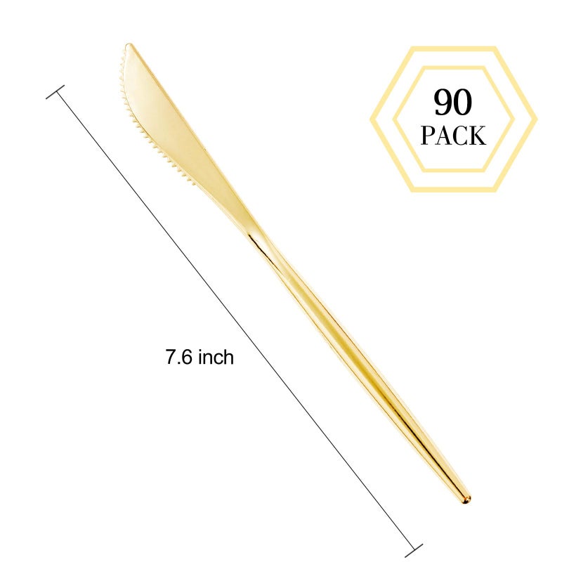 I00000 I00000 90 Pcs Gold Plastic Knives Plastic Silverware  Gold Disposable Utensils  Heavy Duty Disposable Knives Dinnerware Perfect for Parties  Wedding & Dinners  - Image 1